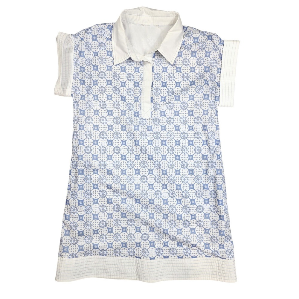 Pretty In Petals Blue Geometric Print‎ Button Collared Mini Dress Women's Size L